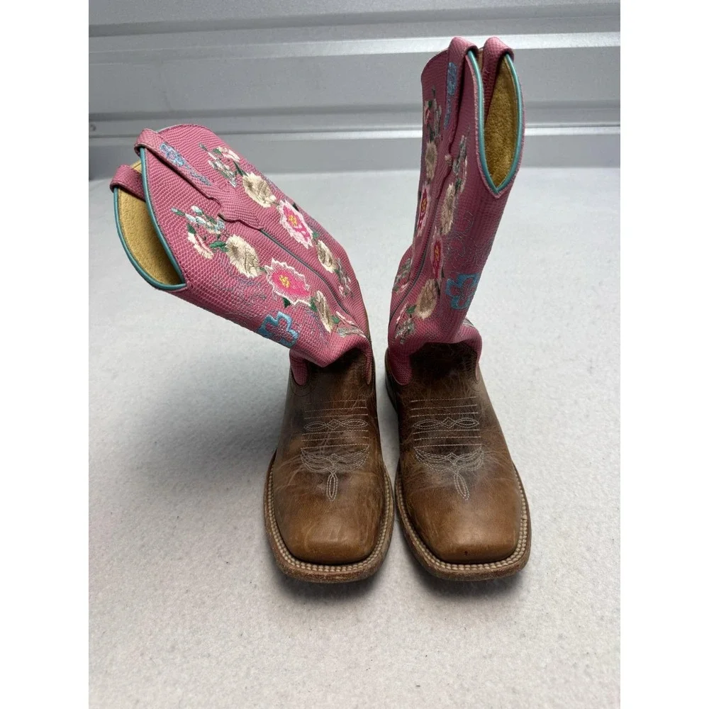 Macie Bean Western Boots Girls Size 4 Pink Floral Embroidered Leather Cowgirl